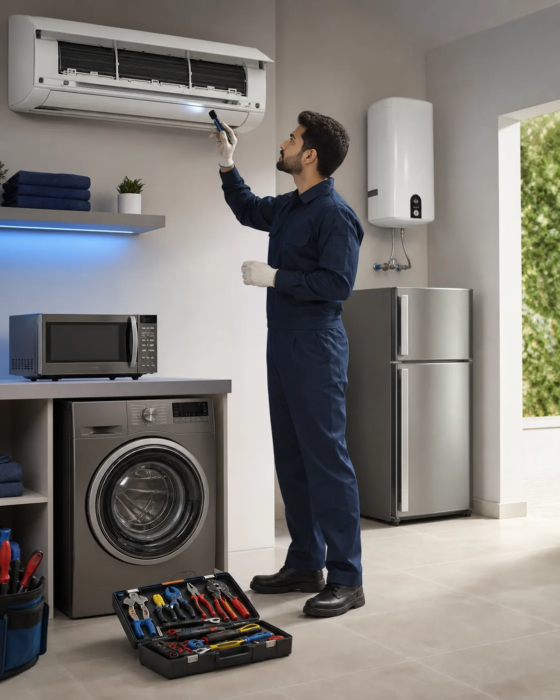 Professional appliance repair technician servicing a split AC in a modern home