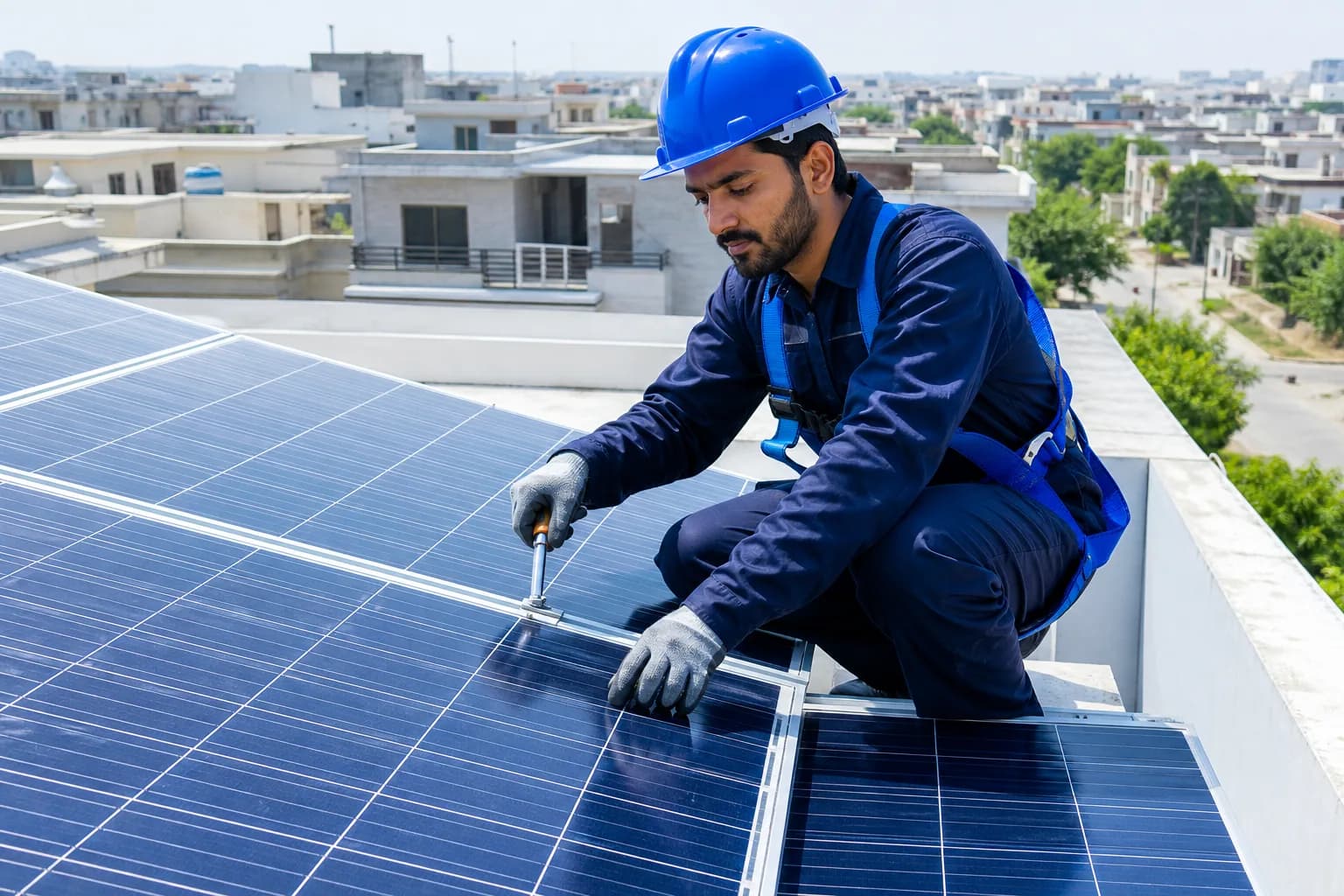 Ground-mounted solar panel installation on metal stands